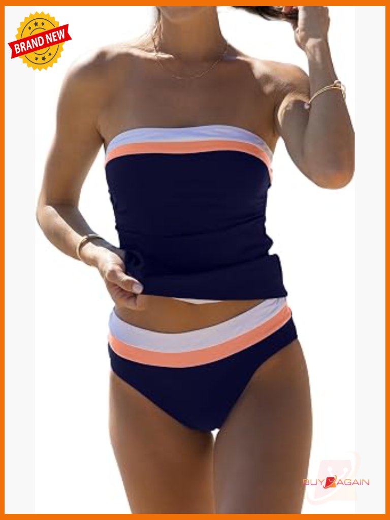 Strapless Bandeau Tankini Set Tummy Control Swimwear Removable Pads